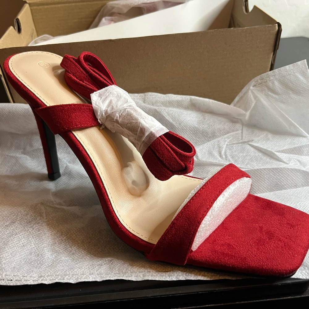 Womens Red Lace Up Heels Strappy Stiletto Sandals Suede Pumps Shoes - 8 - Picture 2 of 4